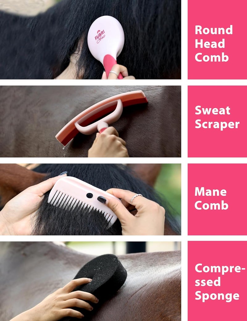 Furrishine 9PCS Horse Grooming Kit Curry Comb Sweat Scraper Horse Bathing Supplies Grooming Tools with Storage Bag Pink Garnet - Image 4